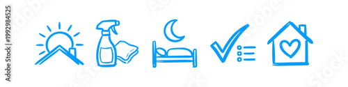 Set of blue hand-drawn icons representing daily home routines: sunrise over a roof, cleaning supplies, sleep, a completed checklist, and a house with a heart. Ideal for domestic services.