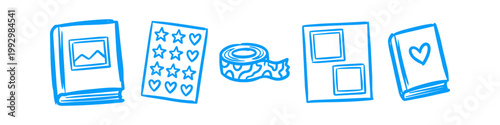 Blue doodle-style icons of scrapbooking and craft supplies, including photo albums, sticker sheets, washi tape, and notebooks. Minimalist hand-drawn set for DIY and hobby projects.