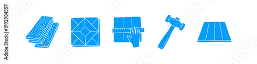 Set of blue hand-drawn icons illustrating flooring installation steps, including wood planks, decorative tile patterns, measuring, a mallet, and finished floorboards.