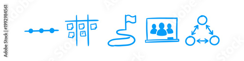 Set of hand-drawn blue business icons on white background representing timeline, kanban board, roadmap to goal, teamwork, and network connectivity for project management and planning.