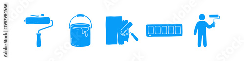 A set of five blue house painting icons including paint rollers, bucket, color palette, and painter silhouette for home improvement, renovation, and professional service concepts.