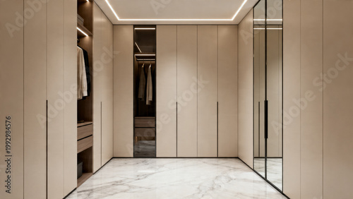 A spacious modern walk-in closet with minimalist design and ample storage