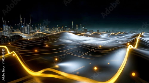 Abstract digital visualization of glowing energy waves flowing over a dark night city skyline background