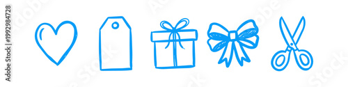 Set of hand-drawn blue icons for gifting and crafting, featuring a heart, tag, gift box, bow, and scissors. Perfect for scrapbooking, DIY projects, and holiday themes on a white background.
