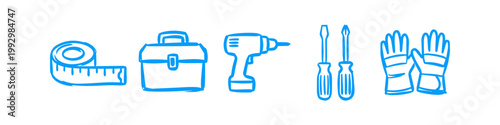 Blue hand-drawn icons of home improvement tools on a white banner, including a tape measure, toolbox, drill, screwdrivers, and work gloves. Perfect for DIY and construction themes.