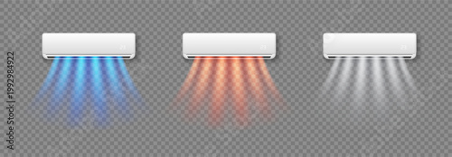 Air conditioner set with different temperature flow. Cold, cool and hot wind with transparency. Climate control illustration