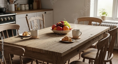 Cozy Kitchen Interior with Breakfast Table and Fruit Bowl.