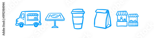 Hand-drawn blue icons featuring a food truck, restaurant table, coffee cup, takeout bag, and street food stalls. Ideal for dining, delivery, and food service branding concepts.