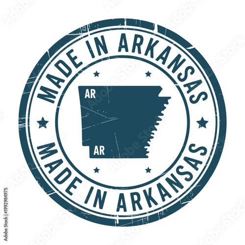 A distressed circular seal proclaiming products are made in arkansas