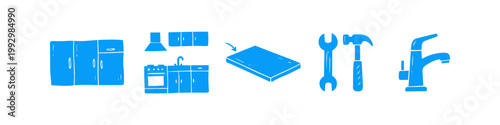 Blue hand-drawn kitchen renovation icons set including cabinets, oven, faucet, and tools for home improvement, plumbing, and DIY projects on a clean white background.