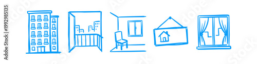 Set of blue hand-drawn line art icons representing real estate concepts, including an apartment building, balcony with city view, interior room, house sign, and window with curtains.
