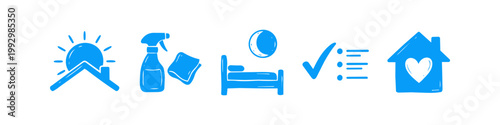 Set of blue hand-drawn icons representing household daily routines, including sun over house, cleaning spray, bed with moon, checklist, and heart in home icon.
