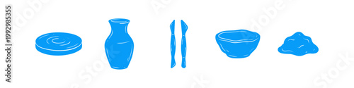 Set of blue pottery and ceramic icons including a vase, bowl, clay, sculpting tools, and potter's wheel disk isolated on white background. Ideal for craft, hobby, and artistic studio designs.