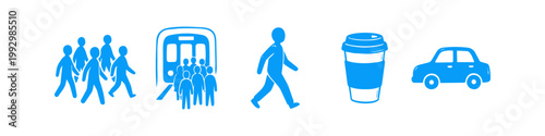 Blue silhouette icon set depicting urban commuting and daily city life, featuring people walking, public transport, a pedestrian, a coffee cup, and a car. Minimalist flat design on white background.