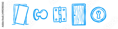 Blue hand-drawn sketches of door-related items: open door, doorknob, hinge, wood door, and keyhole. Minimalist doodle icons for home hardware and security concepts.