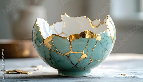 Kintsugi Ceramic Bowl with Golden Repair Artistry.