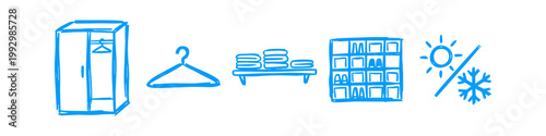Hand-drawn blue doodle icons of a wardrobe, clothes hanger, folded laundry, shoe rack, and seasonal sun/snowflake symbol, representing closet organization and storage solutions.