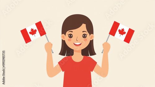 Flat vector graphic of a cheerful young Canadian girl with a friendly expression, waving two small Canadian flags.