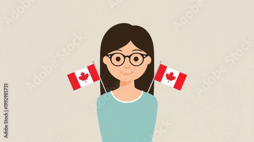 Flat vector graphic of a cheerful young Canadian girl with a friendly expression, waving two small Canadian flags.