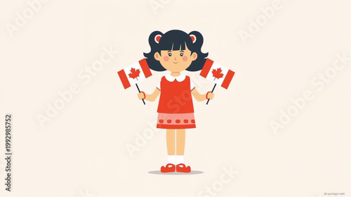 Flat vector graphic of a cheerful young Canadian girl with a friendly expression, waving two small Canadian flags.