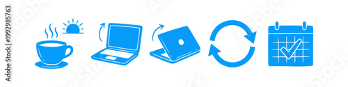 Blue hand-drawn icon set representing a daily work routine: morning coffee, starting and ending work on a laptop, repetition cycle, and a completed calendar schedule.