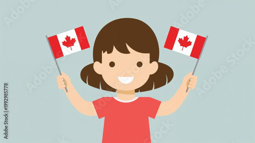 Flat vector graphic of a cheerful young Canadian girl with a friendly expression, waving two small Canadian flags.
