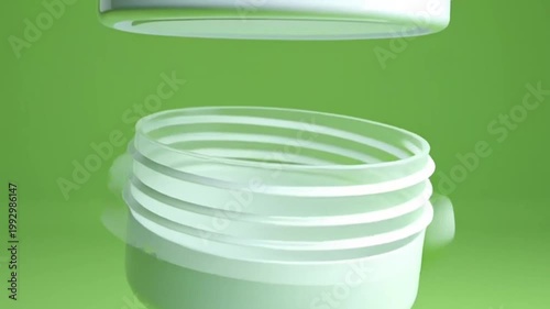 Close Up of Green Cosmetic Cream Jar Lid Unscrewing.