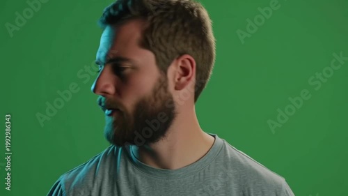 Young Bearded Man Expressing Various Emotions on Green Screen Background.