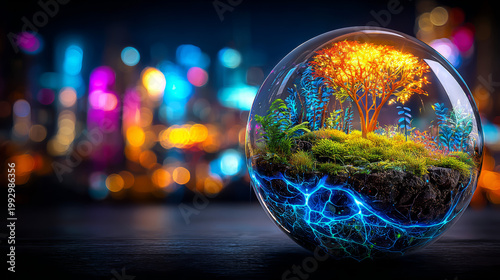 Glowing Smart Ecosystem Orb Powering Futuristic City Energy Concept