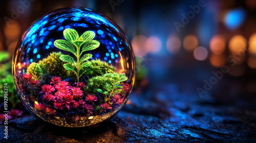 Futuristic Glass Ecosystem Orb with Glowing Plant Life at Night