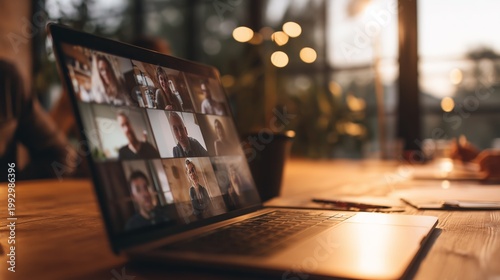 Meeting in progress with several people on a video call in a warm setting
