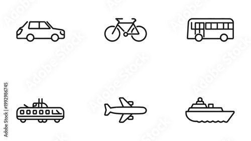 Simplified Transport Icons: A set of six streamlined transportation icons, artfully illustrating diverse modes of transit, including a car, bicycle, bus, train, airplane, and cruise ship. 