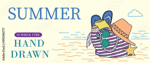 Trendy hand drawn summer poster featuring beach bag, hat, sunglasses and seaside element. Modern flat vector design with vibrant vacation vibe, perfect for branding, social media and seasonal graphic.