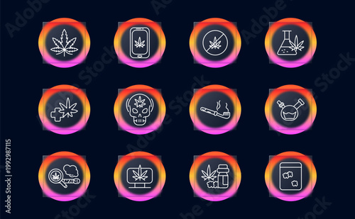 Cannabis marijuana culture icon. Line symbols with cannabis, smartphone leaf symbol, prohibition circle leaf, laboratory flask, medical cross, skull, smoking pipe, bong container