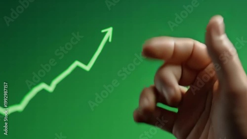 Hand Interacting with Glowing Green Upward Trend Line Graph Showing Business Growth.
