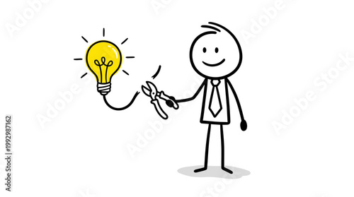 Stick figure with a light bulb and pliers, representing an idea