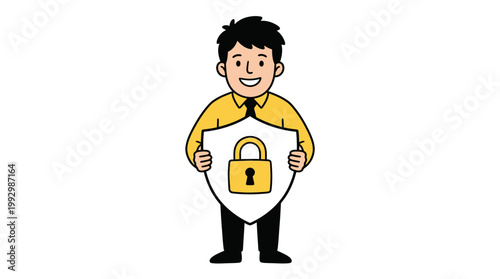 Professional Man Illustrates Digital Data Security and Information Privacy with Shield Icon