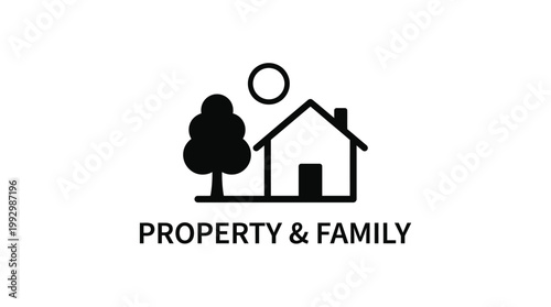 Property and family house icon with tree and sun symbol