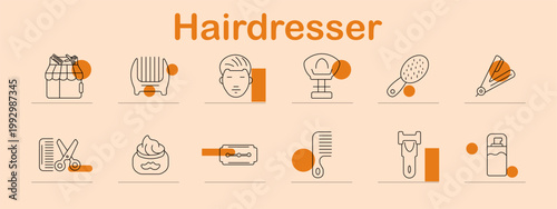 Hairdresser set icon. Line symbols depict salon shop, comb tool, hairstyle face, barber chair, brush tool, straightener device, scissors cut, cream jar, razor blade, clipper machine