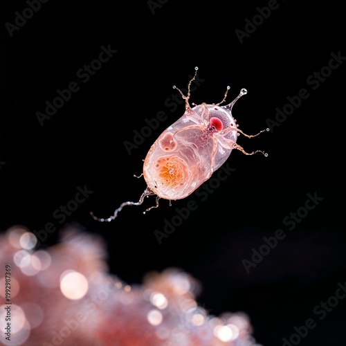 microscopic view of a single germ, ultra tiny microorganism, highly detailed cellular structure, floating in space, isolated on deep black background