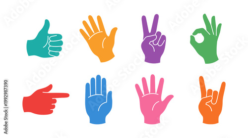 Colorful Set of Diverse Hand Gestures Illustrating Human Communication and Expression