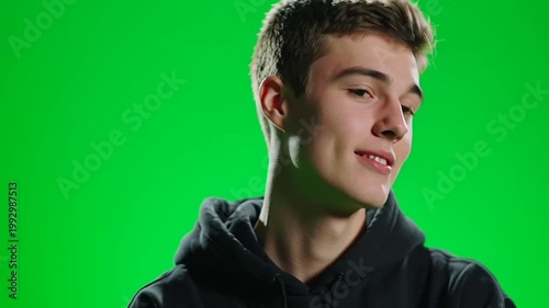 Young Man Smiling and Looking Around Against Green Screen Background.