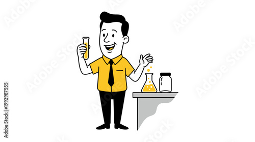 Cheerful male scientist character performing scientific experiment in laboratory