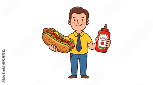 Cheerful Man Holding a Delicious Hot Dog and Ketchup, Ready to Enjoy a Quick and Tasty Meal