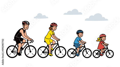 Family cycling together on a sunny day, wearing helmets