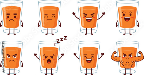 Cute orange juice glass cartoon characters with different emotions, happy sad angry sleepy expressions, funny beverage mascot vector illustration set
