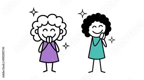 Cheerful cartoon characters with hands clasped in polite appreciation