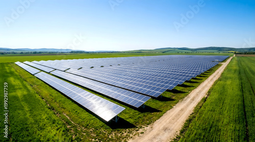 Expansive Solar Panel Farm Generating Renewable Energy in Lush Green Fields