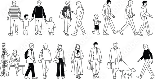 Hand drawn people walking and daily life scenes vector set, men women families and urban lifestyle characters in minimal line art style