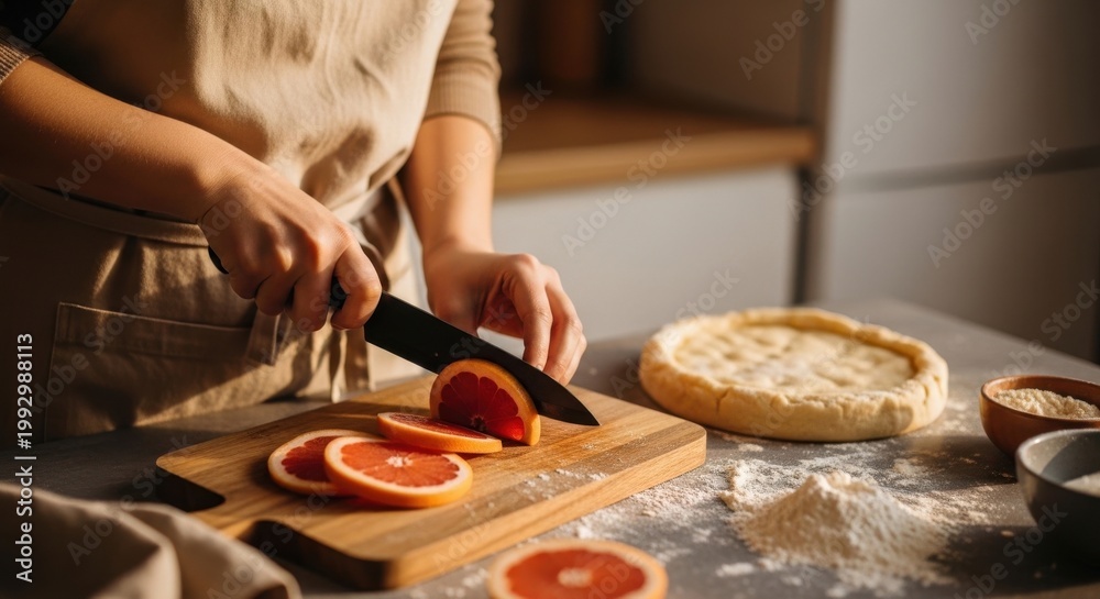 Fototapeta premium A person cutting grapefruit slices on a wooden board in a kitchen with a pie and baking ingredients